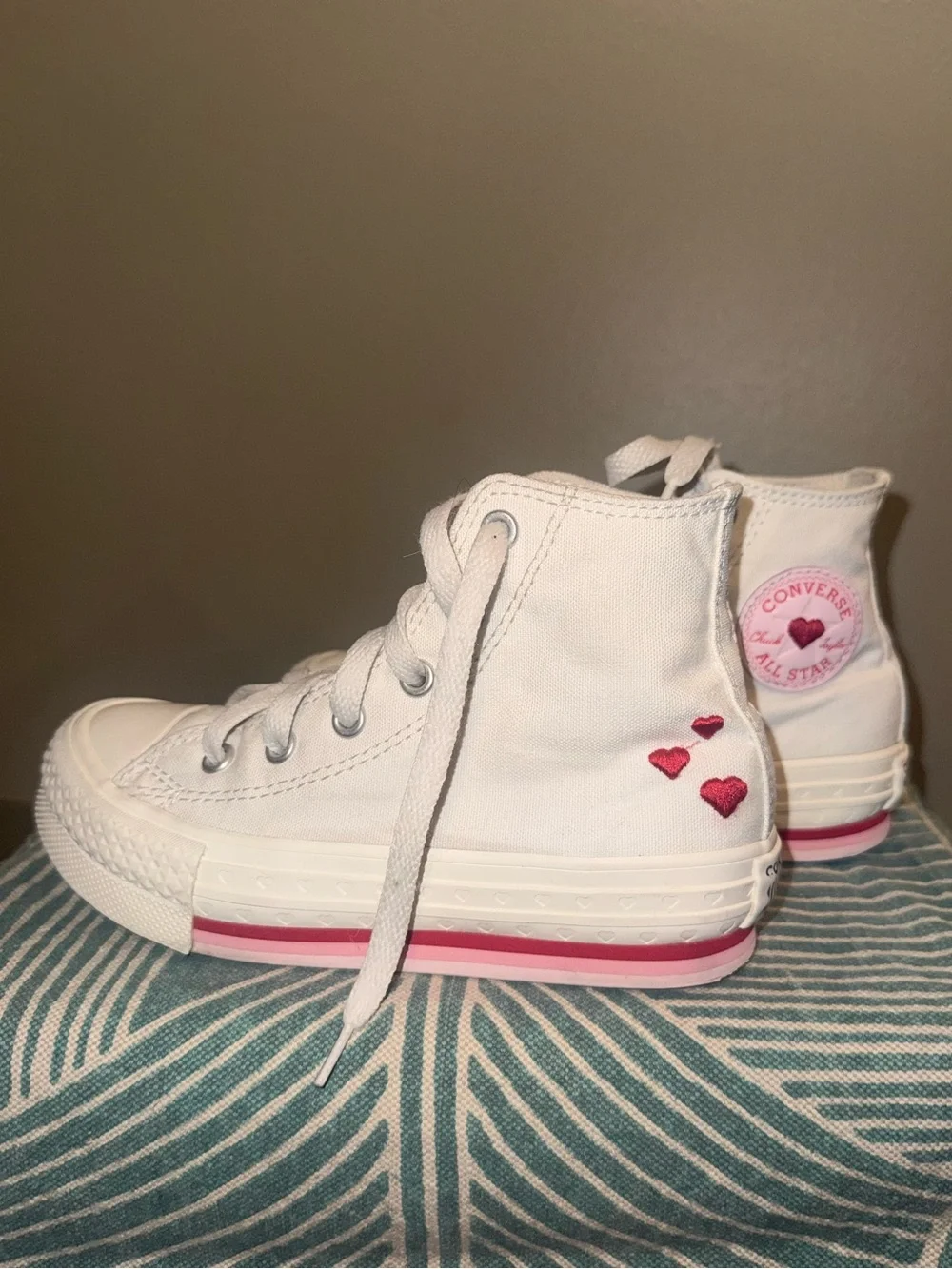 Converse Kids White High Top Sneakers with Red Heart and Pink & Red Stripes